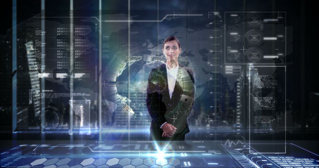 Businesswoman Utilizing Futuristic Digital Interface in Modern Workspace