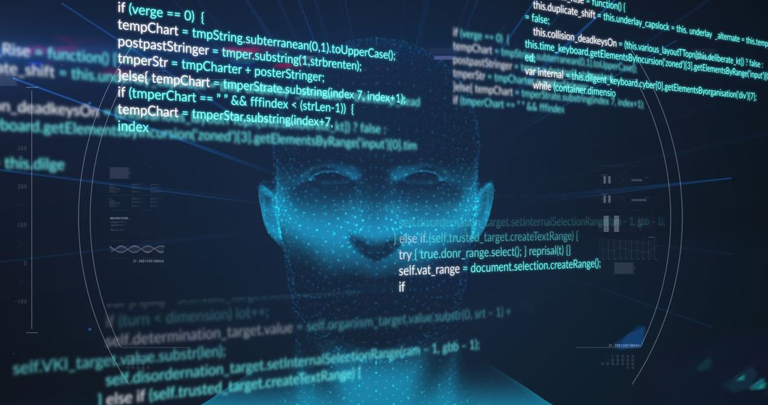 Abstract Digital Head with Data Flow on Blue Background