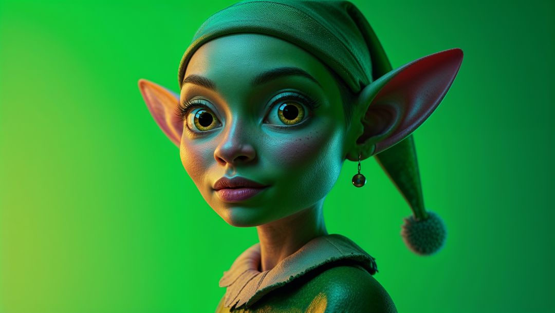 Whimsical Elf Character in Vivid Green Background