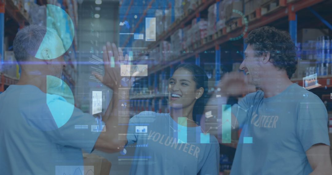 Volunteers Celebrating in Warehouse amid Data Overlay