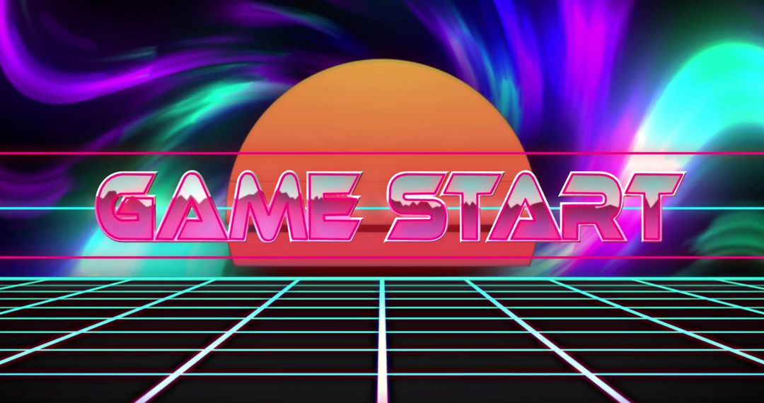 Retro Neon Game Start Banner with Futuristic Sun