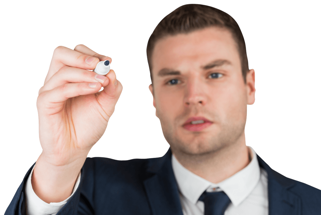 Young Businessman Writing With Marker Pen on Transparent Background