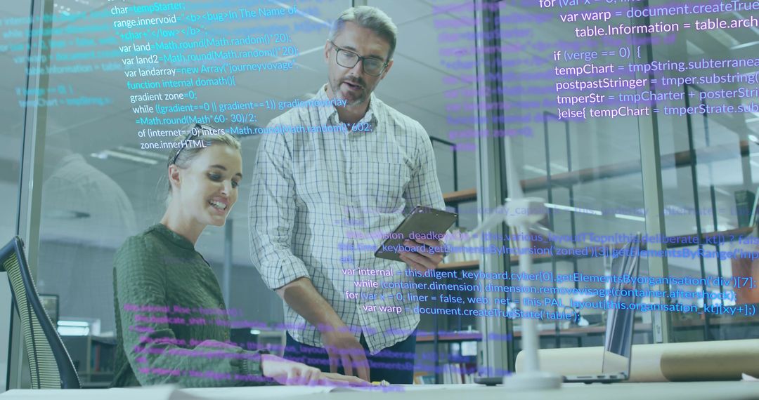 Engineers Analyzing Blueprint with Digital Overlay in Modern Office