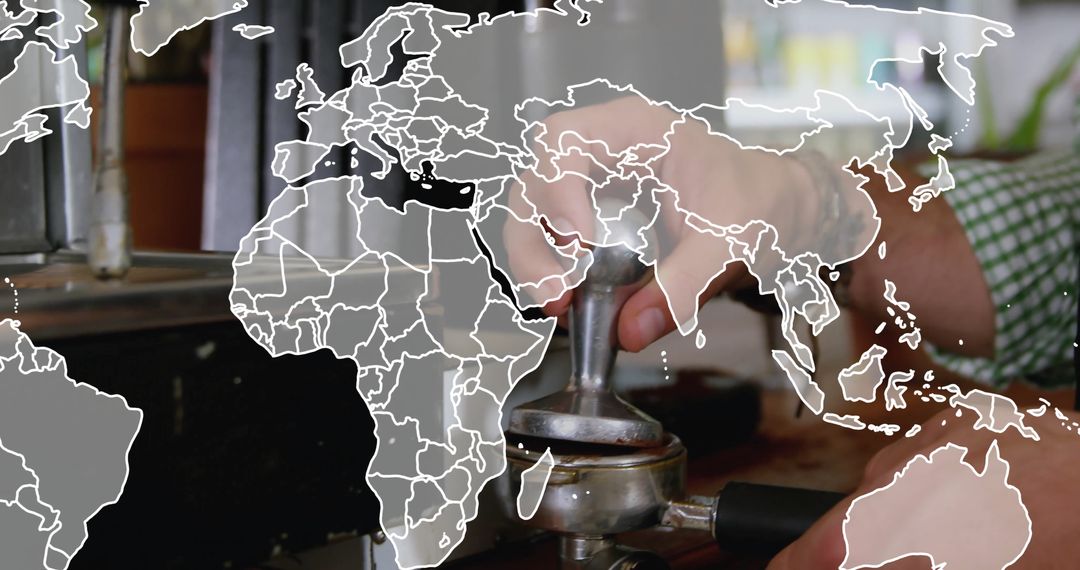 Barista Crafting Espresso with Global World Map Overlay