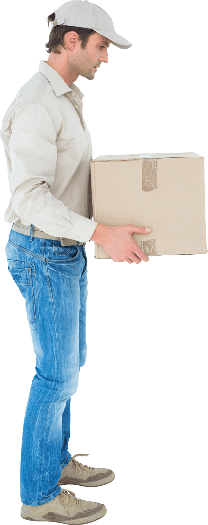 Transparent Delivery Man Carrying Cardboard Box Side View