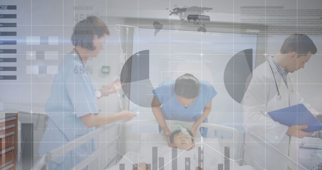 Healthcare Team Analyzing Data with Overlaid Statistics Charts