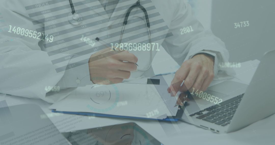 Doctor Analyzing Medical Data on Laptop and Notepad