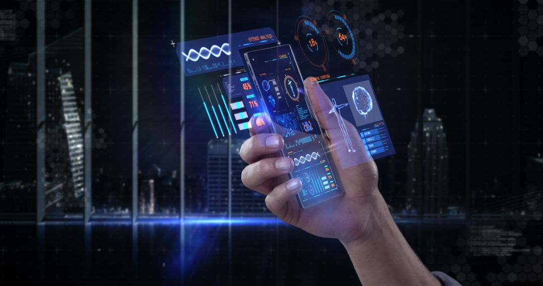 Hand Interacting with Holographic Interface Displaying Futuristic Data