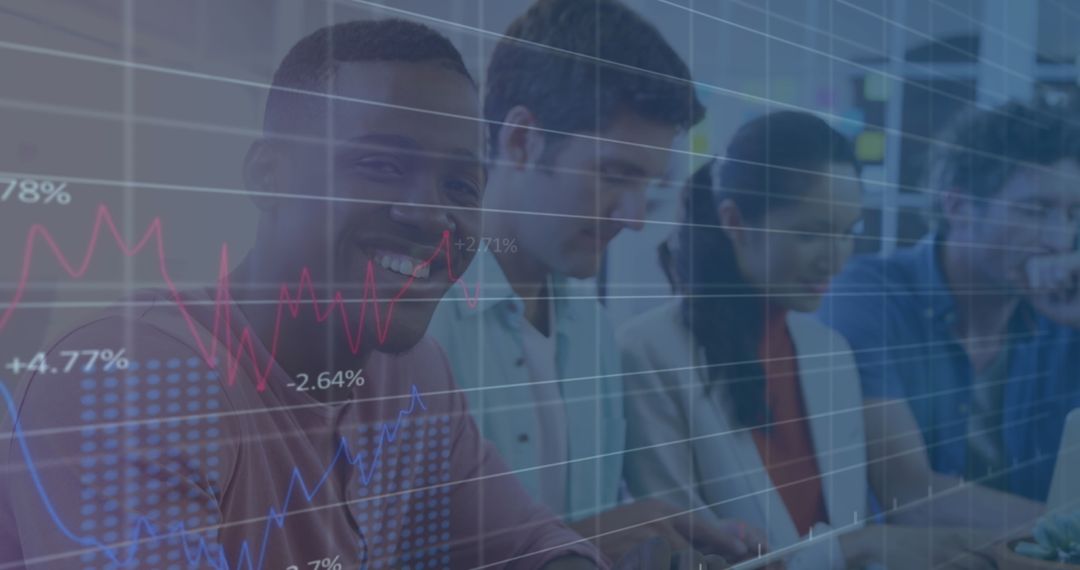 Smiling Professional Using Digital Tablet with Business Data Overlay