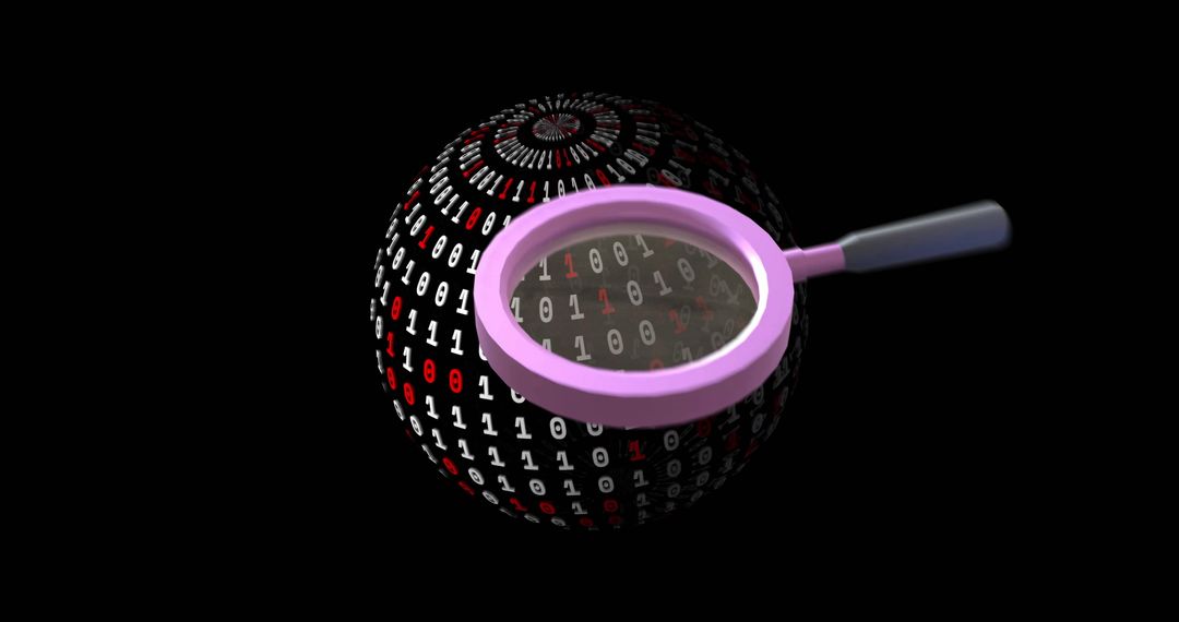 Magnifying Glass Analyzing Binary Globe on Black Background