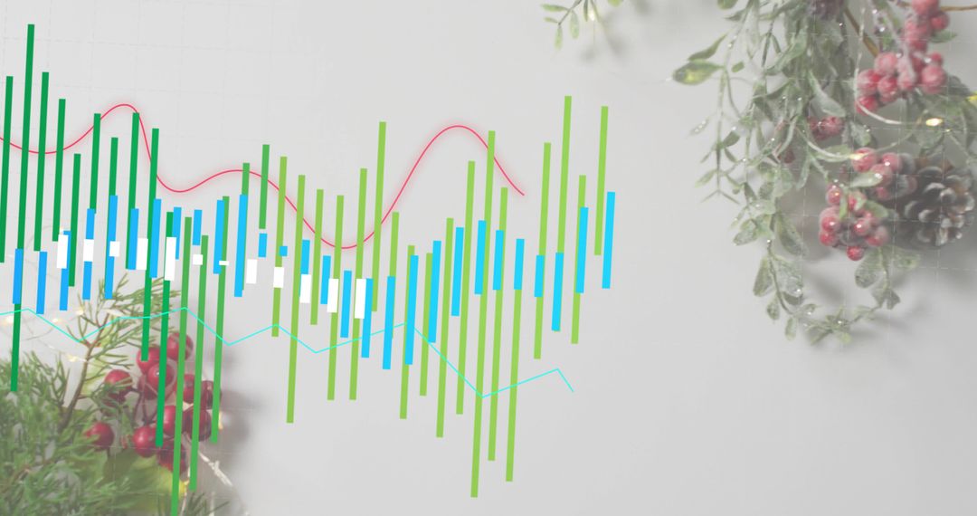 Festive Botanical Flatlay Showing Analytics Dashboard Overlay with Colorful Charts