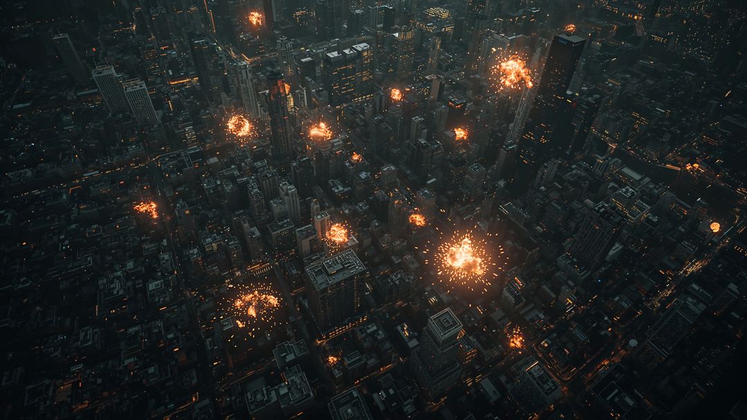 Futuristic urban nightlife with glowing urban airstrikes explosions