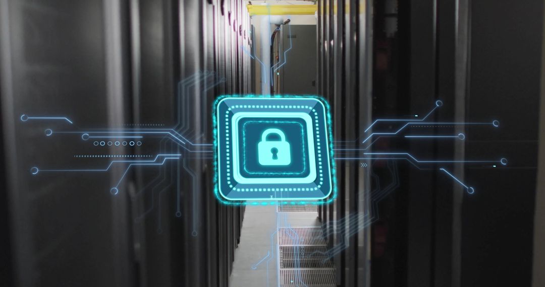 Digital Lock Hovering Over Data Center Servers