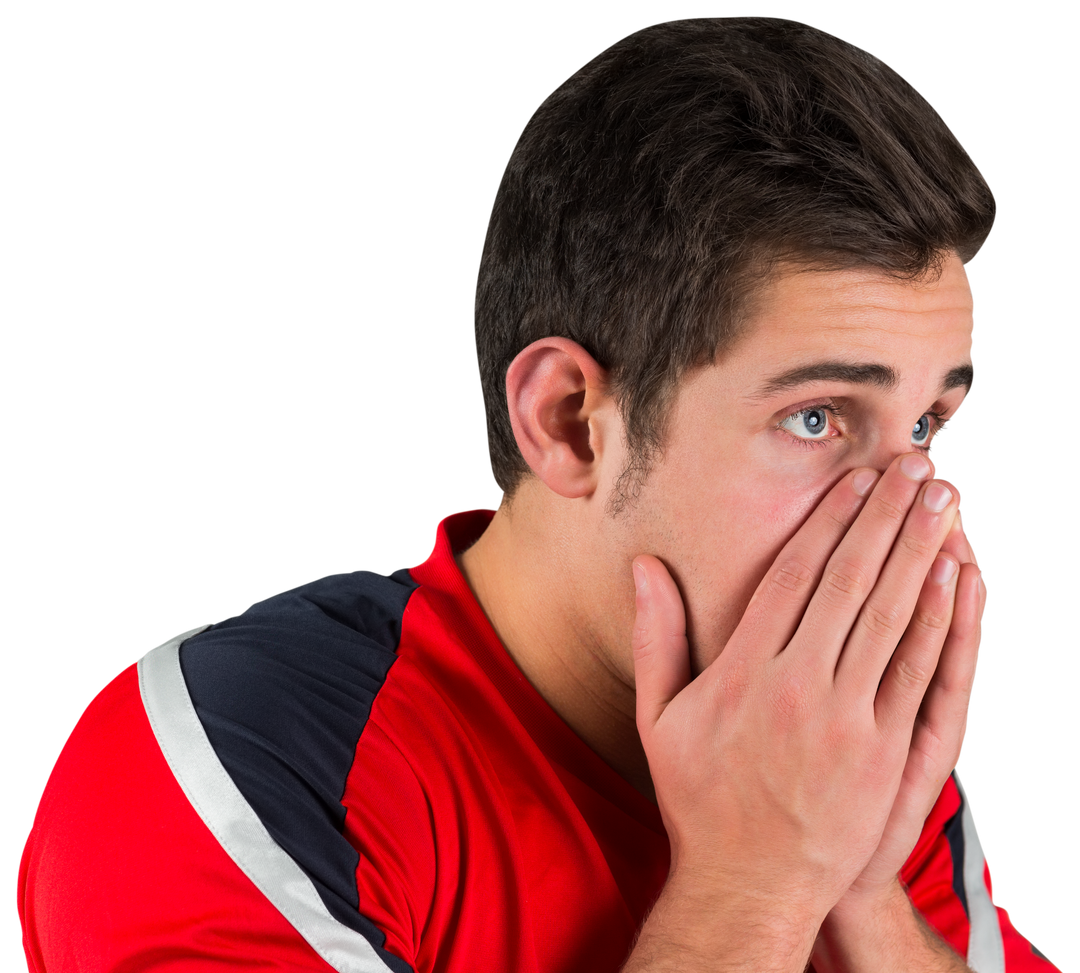 Transparent Image Nervous Football Fan Wearing Red Jersey Covering Mouth Hands - Download Free Stock Images Pikwizard.com