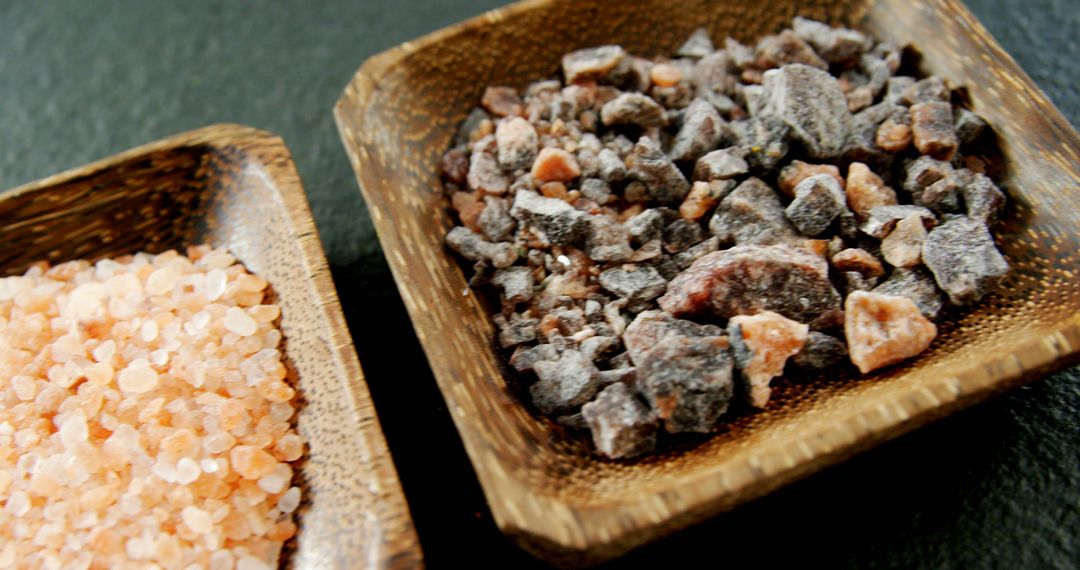 Close-Up of Himalayan Pink Salt and Kala Namak Rocks in Wooden Bowls - Free Images, Stock Photos and Pictures on Pikwizard.com