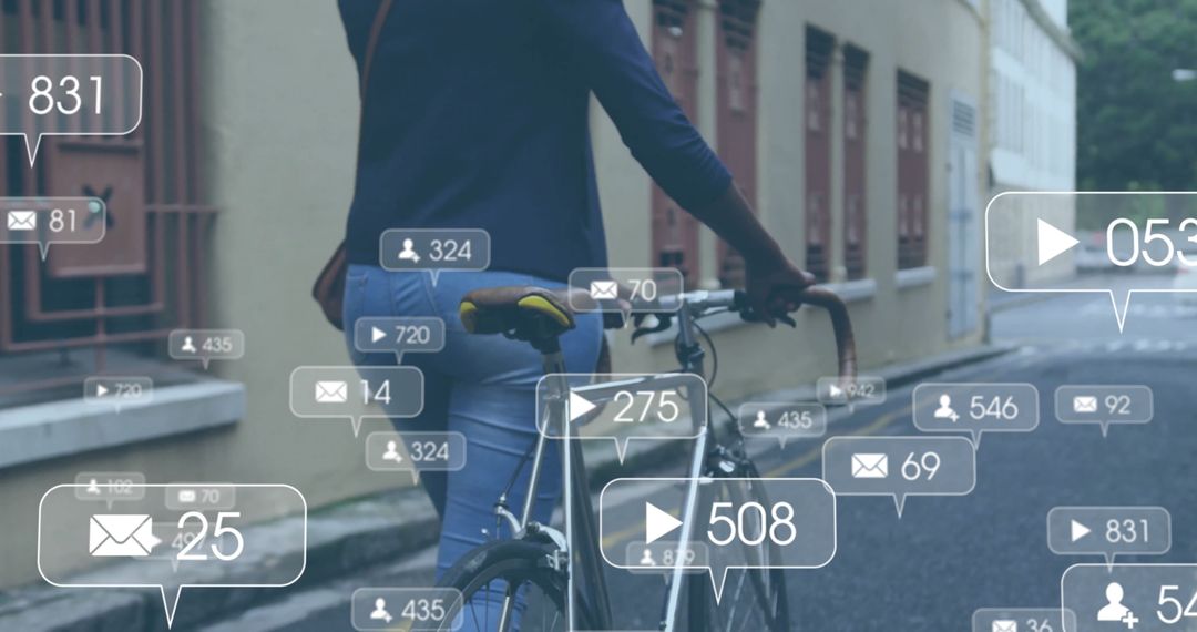 Social Media Notifications Surrounding Woman Biking in Urban Environment