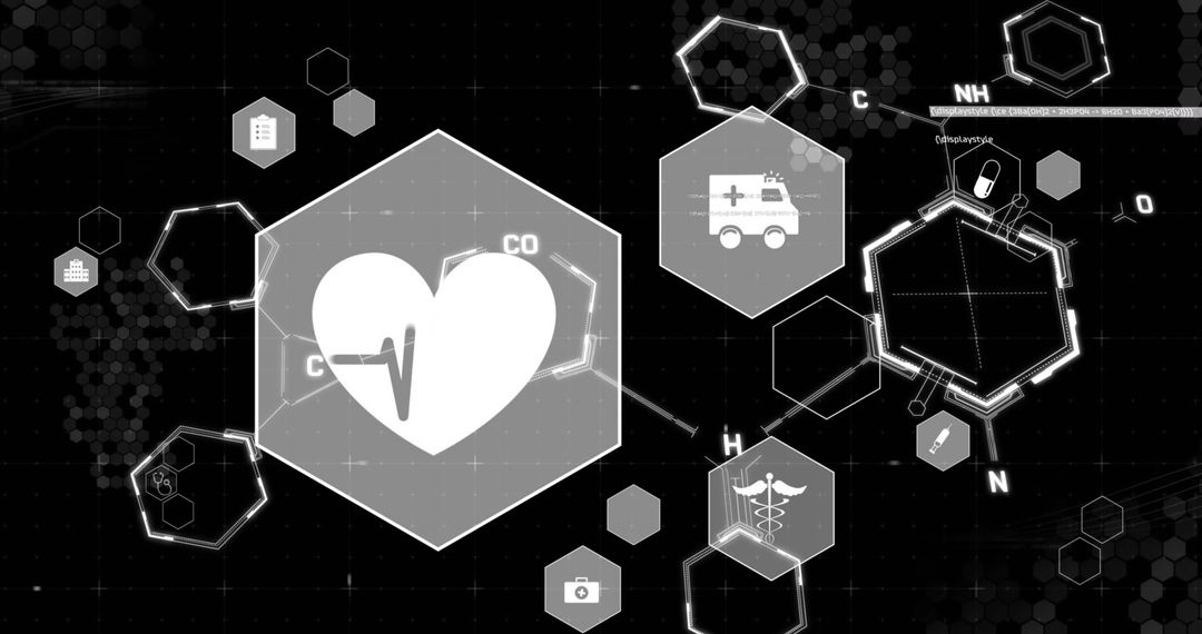 Medical Icons and Chemical Formula on Digital Interface Background