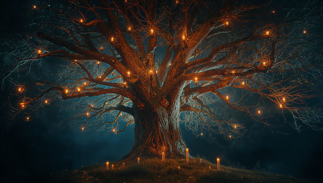 Enchanted Ancient Tree Illuminated by Candle Lanterns at Night
