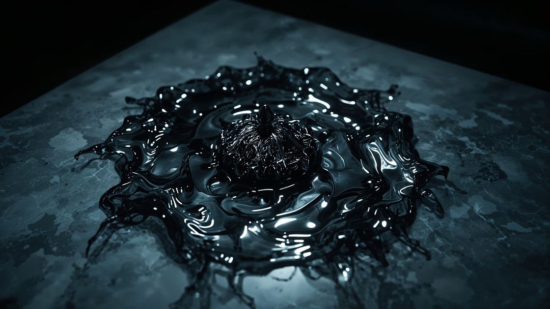 Glossy Black Metallic Liquid Splash on Mottled Metal Surface