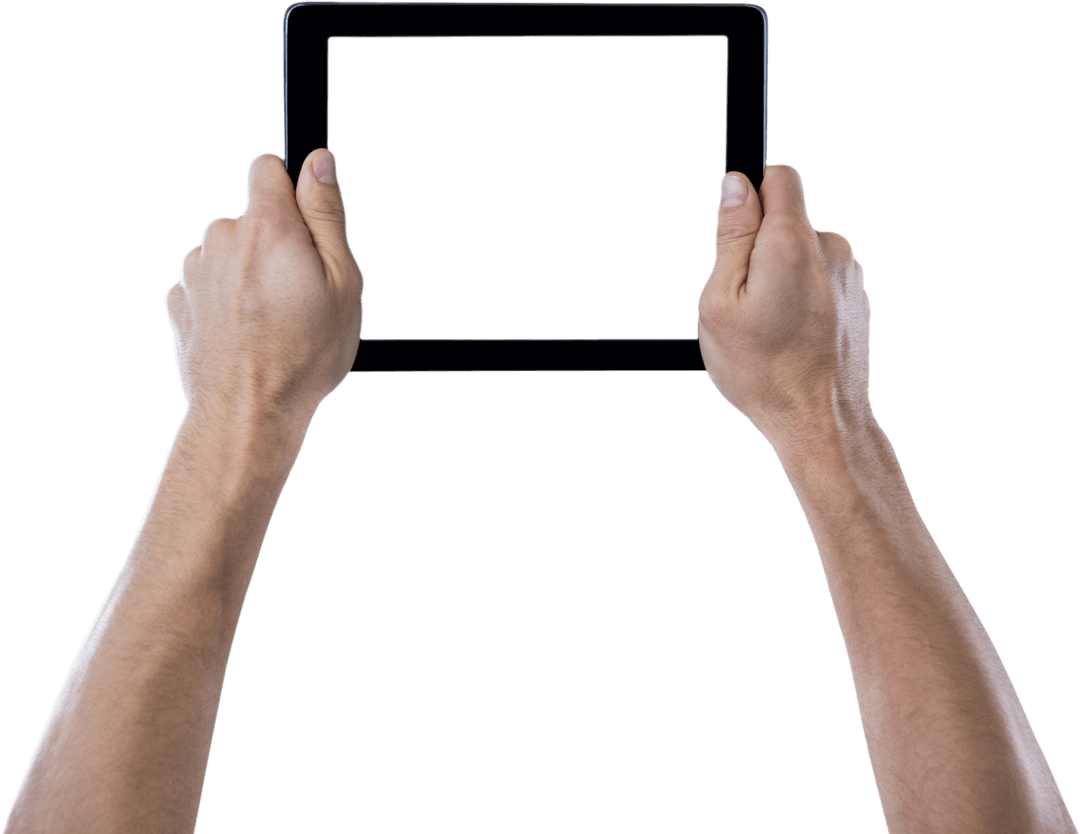 Hands Holding Transparent Tablet with White Background