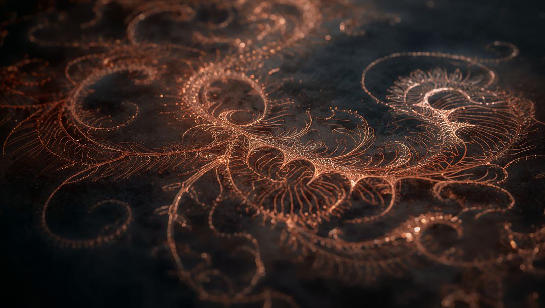 Copper-Gold Filigree Macro on Dark Textured Surface with Bokeh Sparkle and Lacework