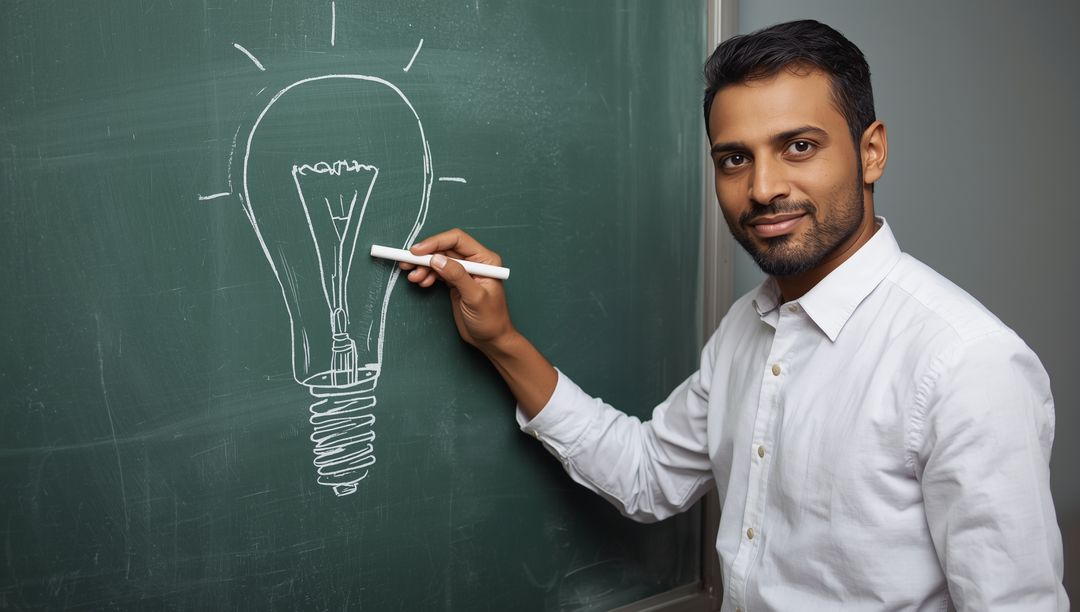 Instructor Illustrating Light Bulb on Chalkboard for Conceptual Learning