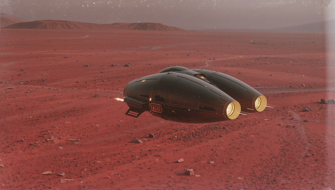 Hovering Twin-Hulled Starship Lowering Ladder over Martian Plain with Glowing Thrusters