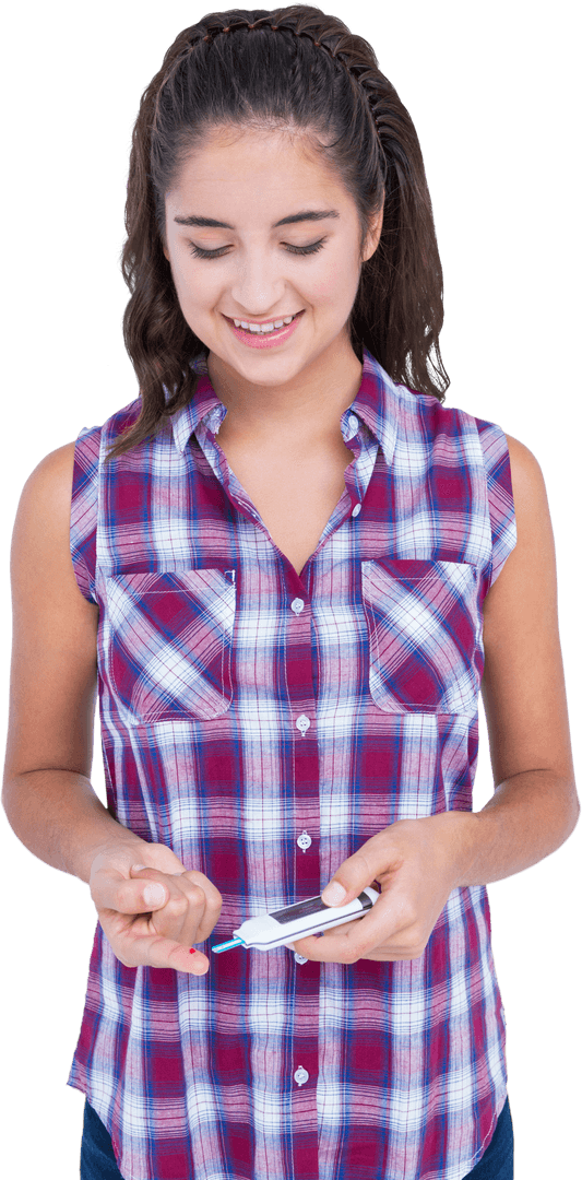 Young Woman Monitoring Glucose with Transparent Background