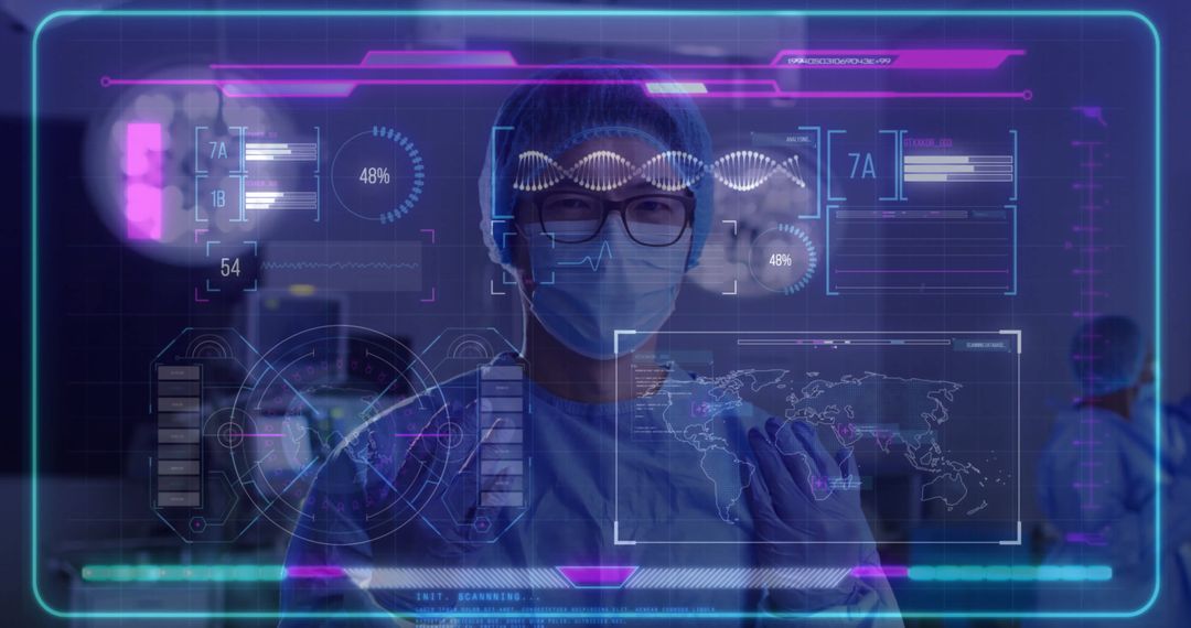 Futuristic Medical Researcher Analyzing Data with Holographic Display