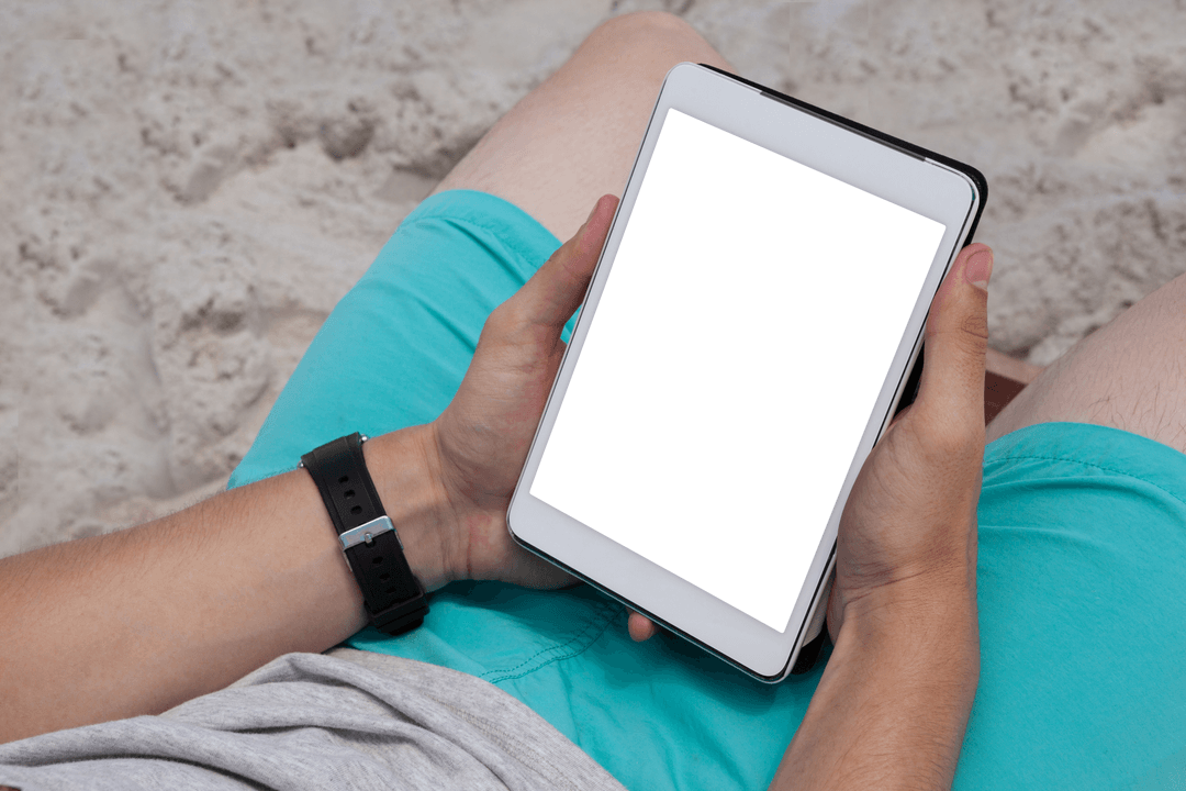 Transparent Digital Tablet on Beach Day Adventure