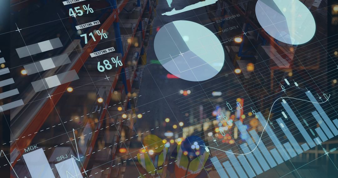 Warehouse Workers Analyzing Financial Data and Graphs Overlay