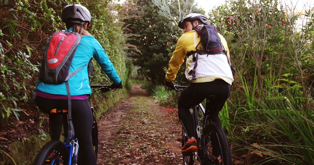 Two Cyclists Enjoying Mountain Trail Adventure in Nature