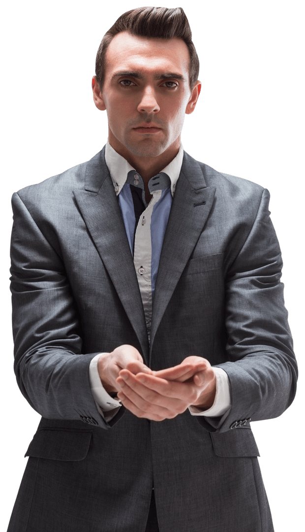 Transparent Businessman Presenting with Cupped Hands