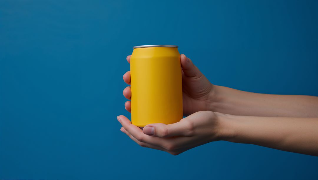 Hands Holding Blank Yellow Can with Blue Background for Branding Design
