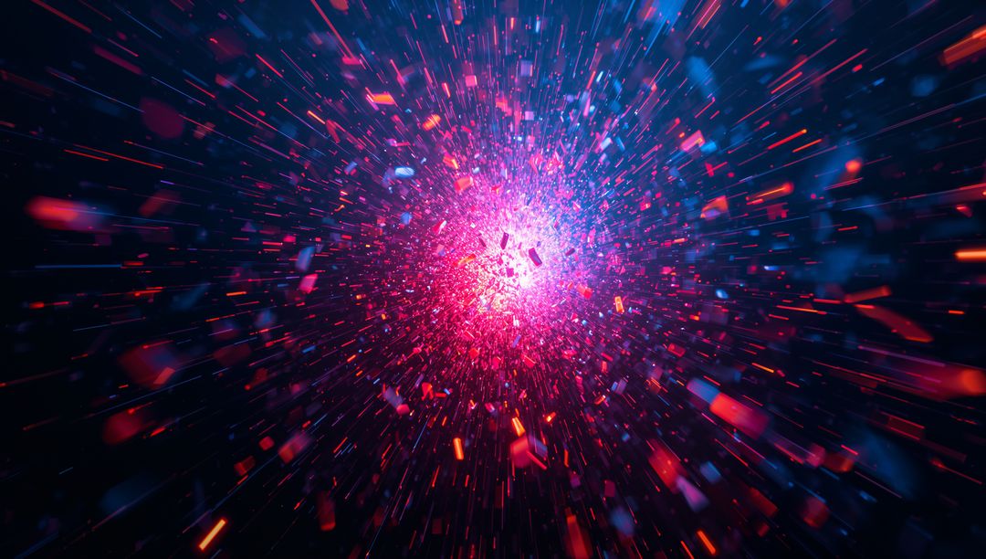 Magenta Core Bursting into Neon Particles and Angular Shards, Radiating Light in Dark Void