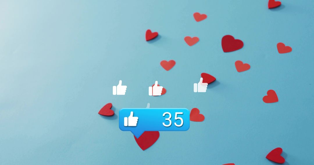 Showing 35 Likes with Blue Like Bubble Floating over Pastel Blue Backdrop and Red Hearts