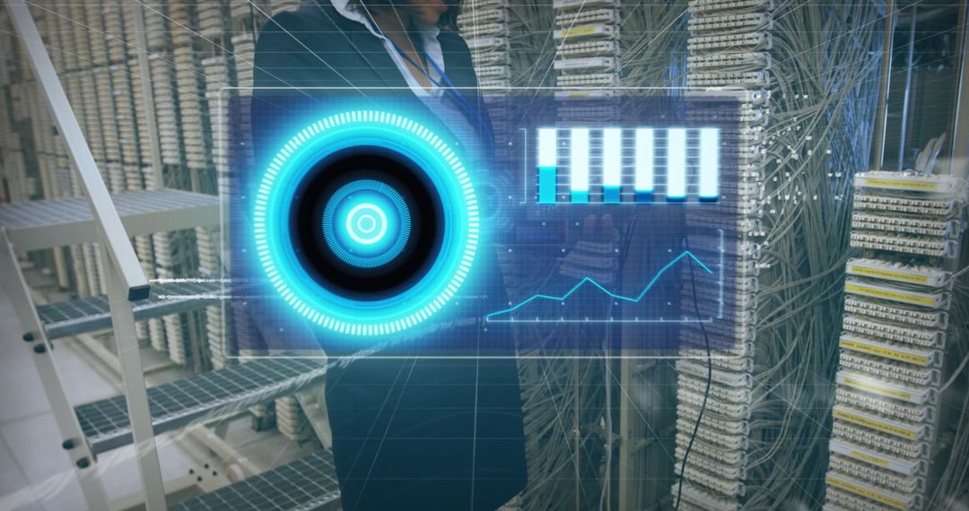 Woman using digital interface in server room, analyzing data, future technology
