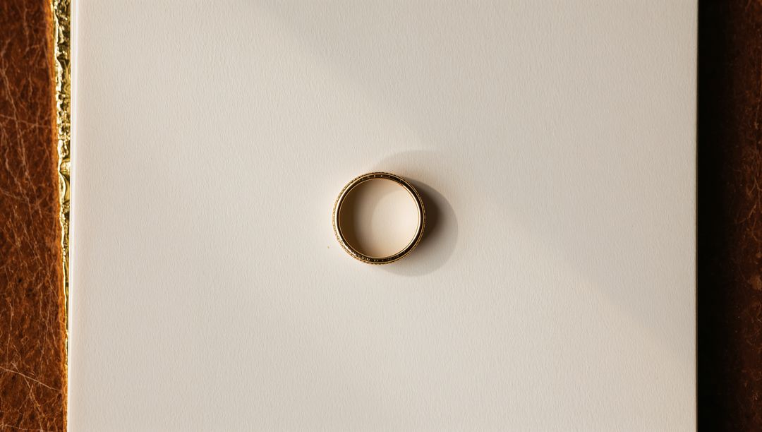 Gold wedding band casting soft shadow on cream card with leather and gold-foil trim