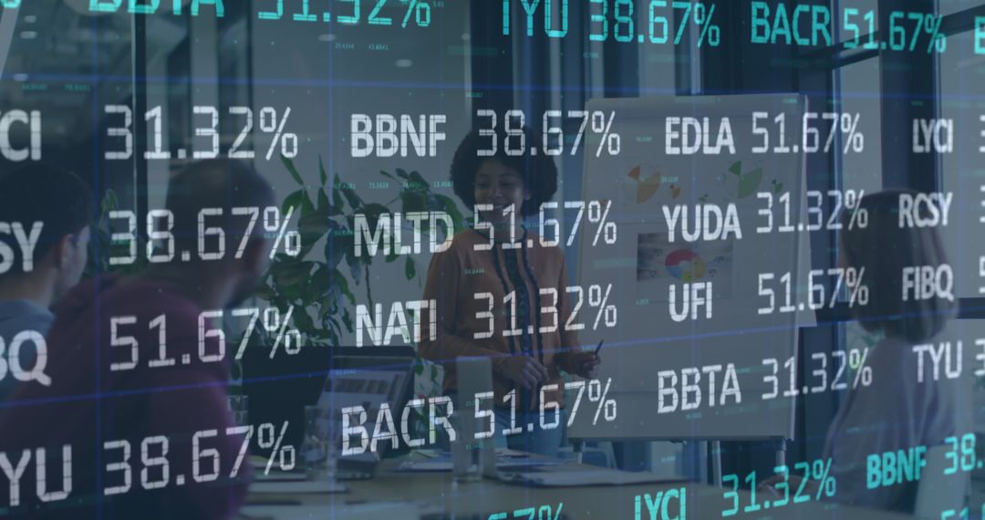 Business Team Analyzing Financial Markets, Stock Exchange Data Overlay