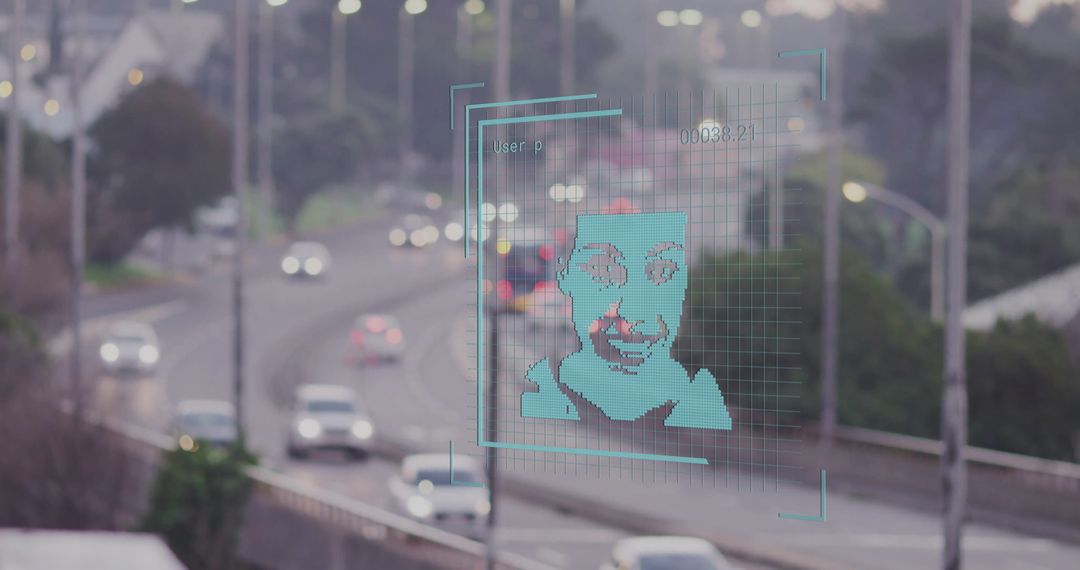 Futuristic Digital Interface with Face Recognition on Urban Highway