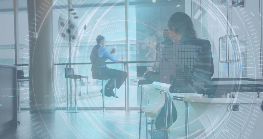 Futuristic Data Overlay on Business Meeting in Modern Office