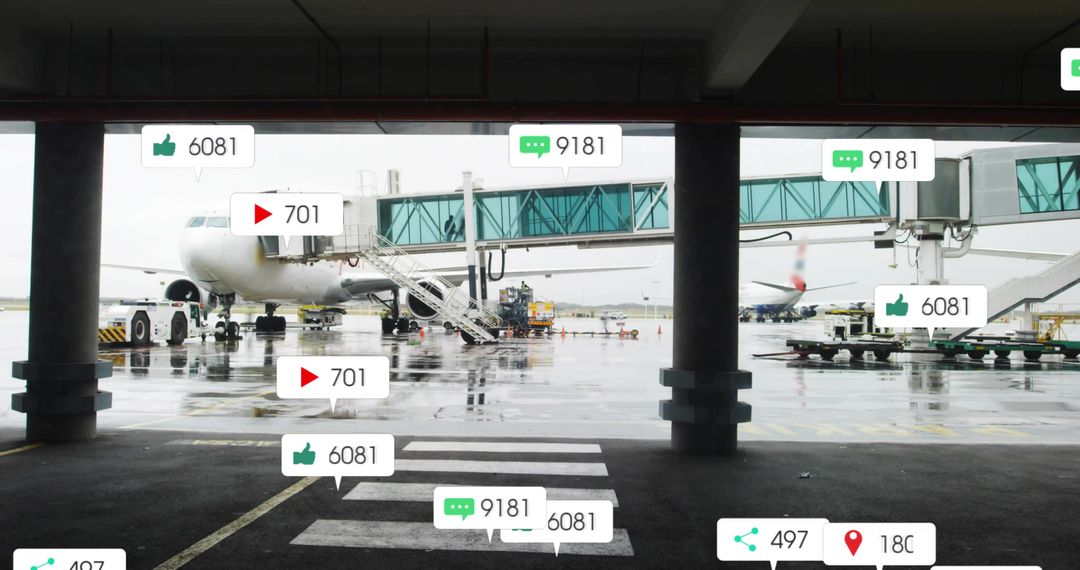 Commercial jetliner connected to jet bridge at rainy airport apron