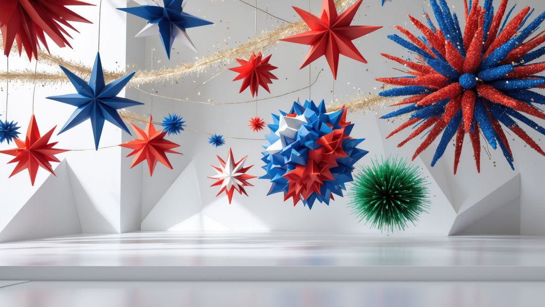 Colorful Star Ornaments Hanging in Geometric Display