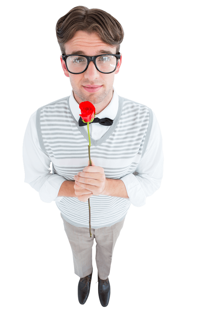 Adorkable Hipster Holding Rose Showing Romantic Gesture Isolated