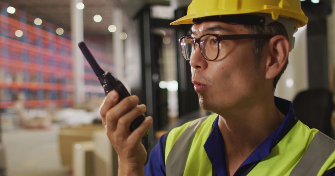 Warehouse Worker Using Radio for Communication