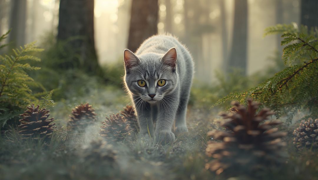 Gray Cat Exploring Misty Forest with Pine Cones on Ground