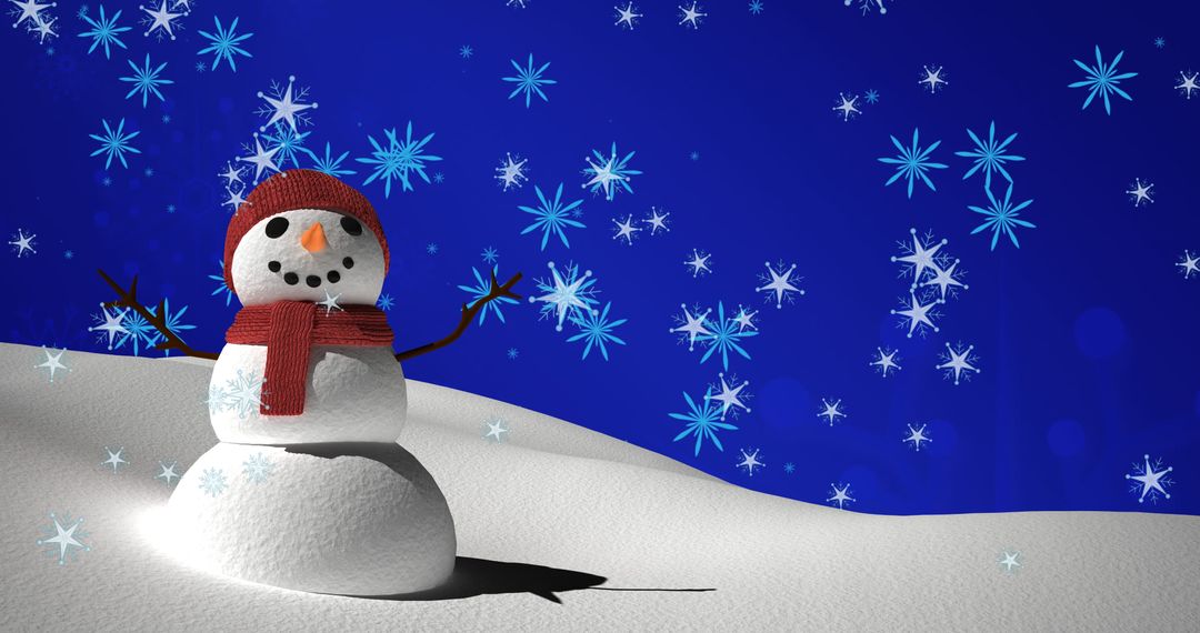 Snowman in Snowy Landscape with Falling Snowflakes