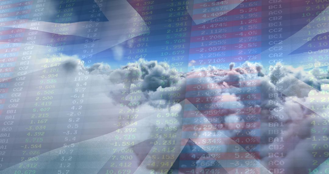 Digital Finance Data Overlay on UK Flag and Clouds