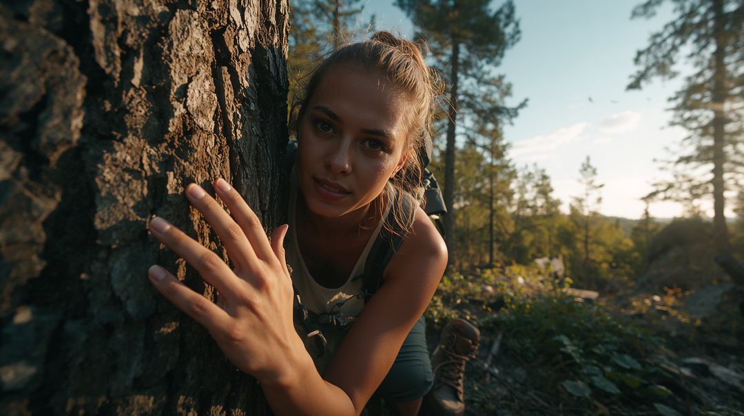 Female Hiker Touching Pine Trunk During Golden Hour Hike in Conifer Forest