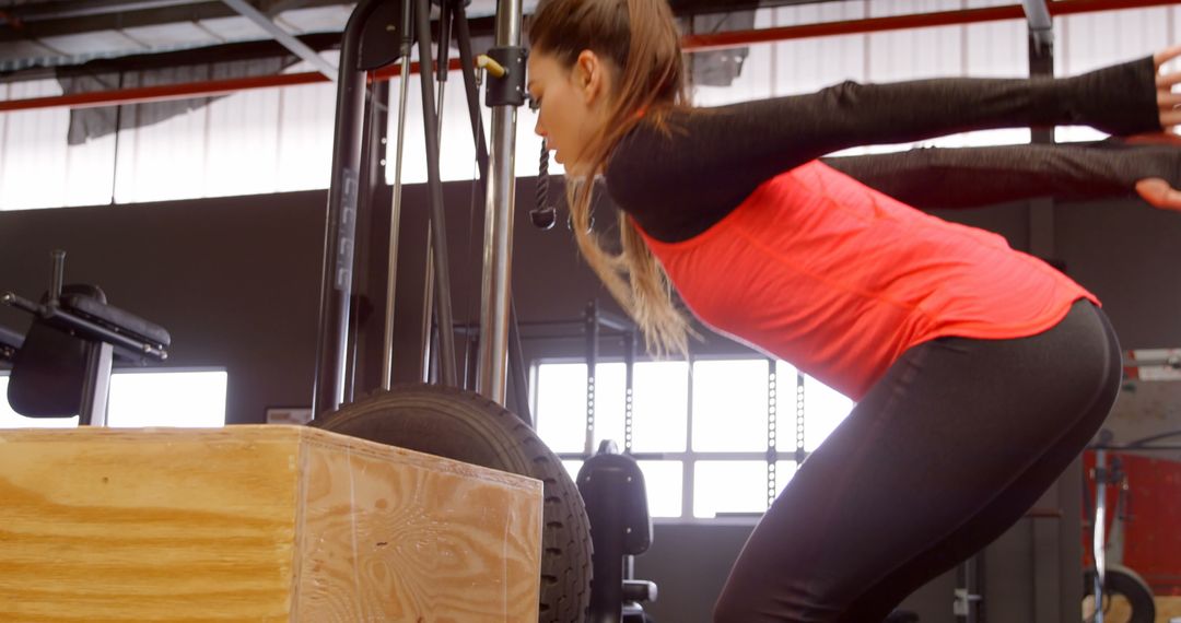 Woman Performing Box Jump Exercise in Fitness Studio